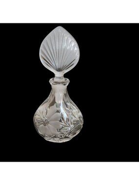Vintage Pressed Glass Perfume Bottle Flowers Ground Stopper 6" Tall
